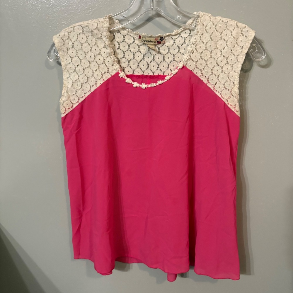 Speckless Pink Sheer Top Crochet Lace Sleeveless Blouse (Girls Large) - Picture 1 of 5